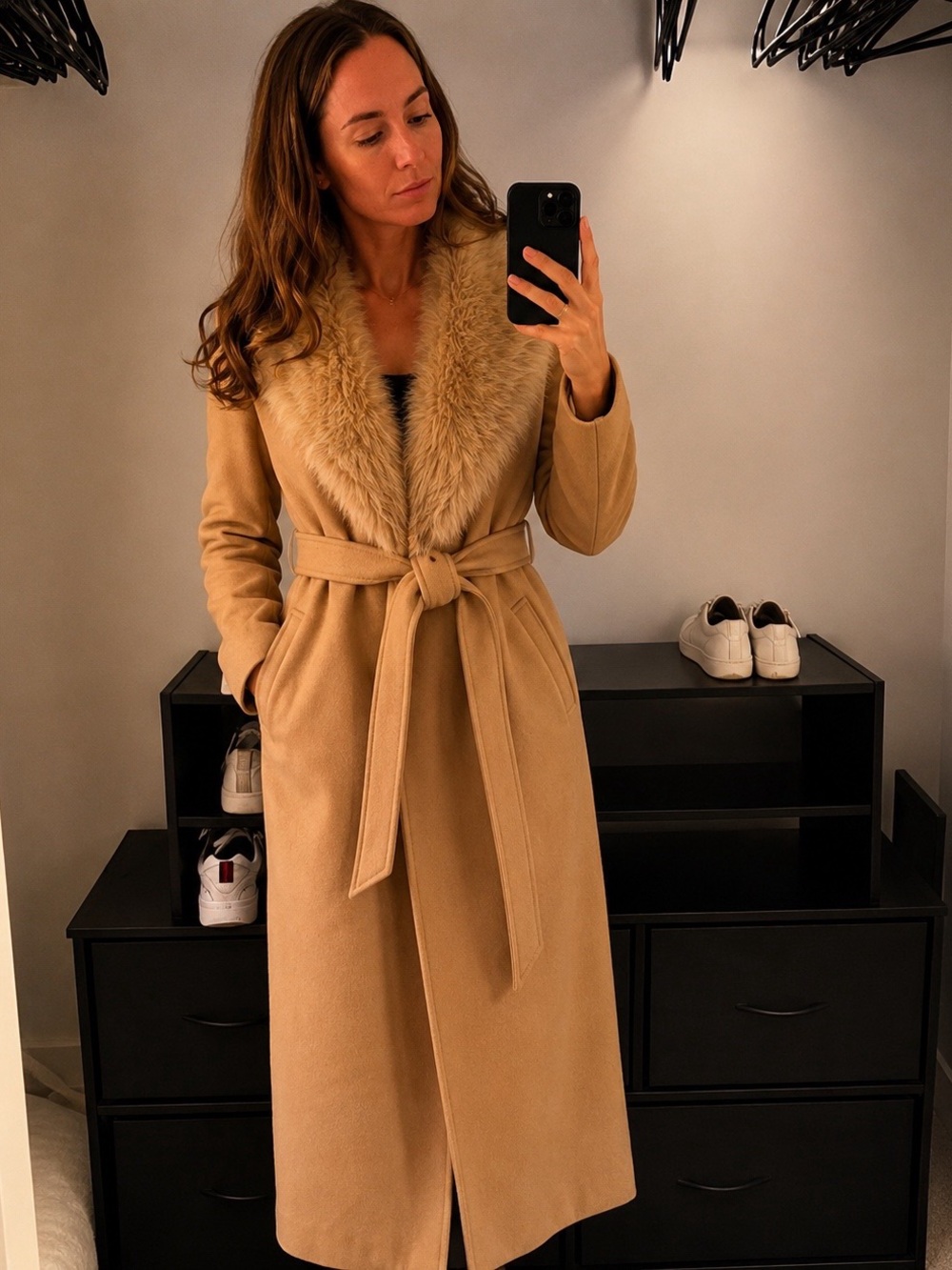 Zara Camel Trench Coat with Faux-Fur Collar